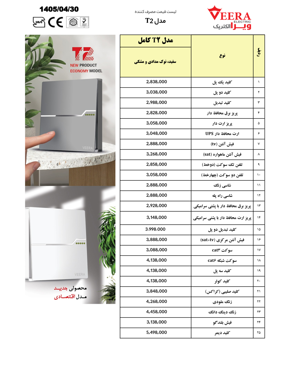 لیست قیمت کلید و پریز ویرا الکتریک اردیبهشت 1405 T2